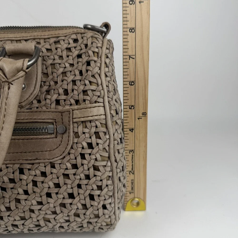 Rebecca‎ Minkoff Satchel Bag Womens Taupe Woven Leather Top Handle Handbag